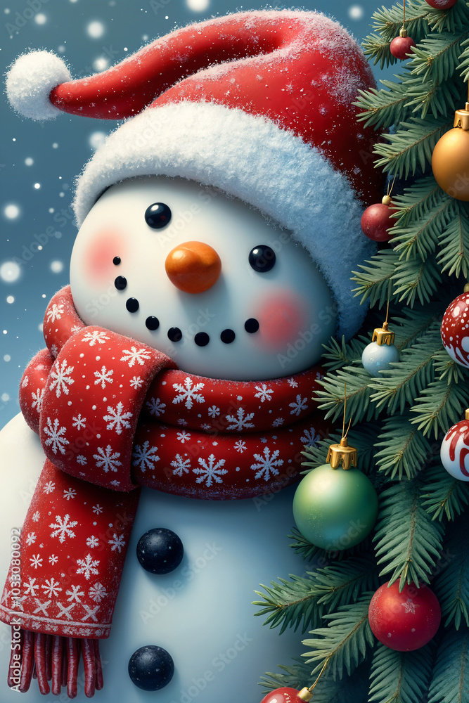 Stylized, cartoonish depiction of a snowman wearing a red Santa hat and scarf, standing next to a Christmas tree adorned with ornaments. Stylized, cartoonish depiction of a snowman wearing a red Santa hat and scarf, standing next to a Christmas tree adorned with ornaments.
