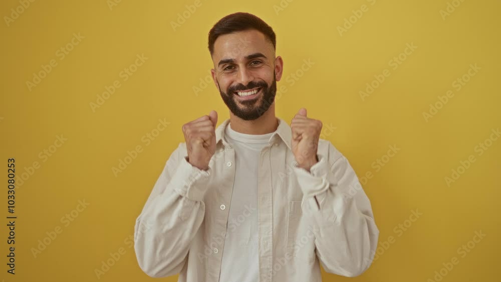 Young hispanic man smiling and celebrating with his fists clenched, over an isolated yellow background, portraying a confident and cheerful attitude. Young hispanic man smiling and celebrating with his fists clenched, over an isolated yellow background, portraying a confident and cheerful attitude.