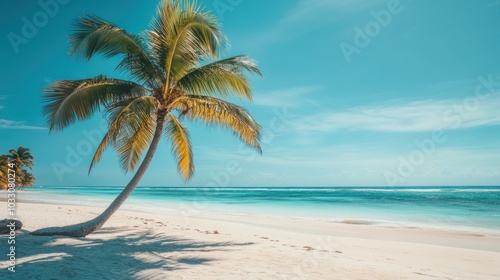 A serene beach scene with a leaning palm tree against a vibrant blue sky and ocean.