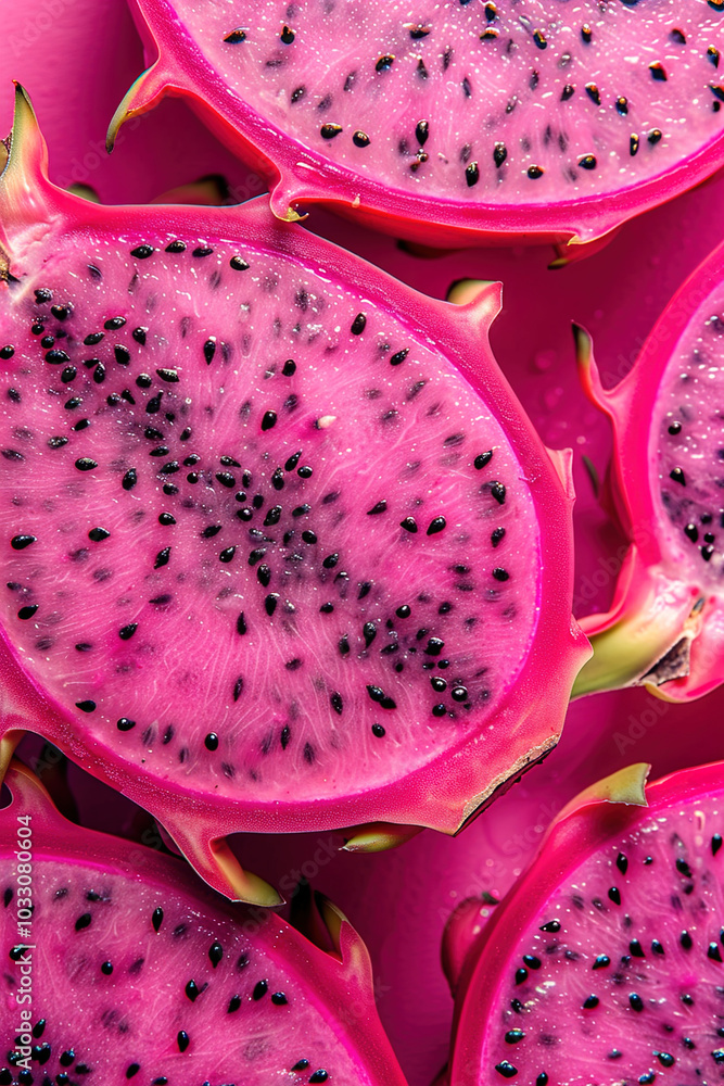 Close-up of sliced dragon fruit, vivid pink flesh with black seeds, colorful background Close-up of sliced dragon fruit, vivid pink flesh with black seeds, colorful background