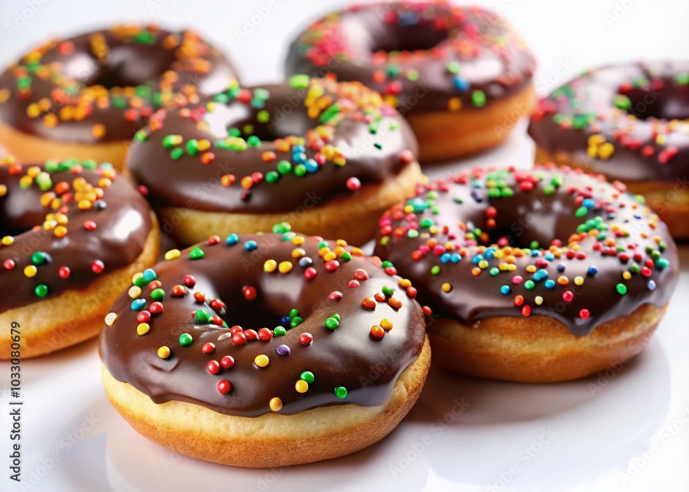 Delicious Chocolate Frosted Donuts with Colorful Sprinkles on White Background Delicious Chocolate Frosted Donuts with Colorful Sprinkles on White Background