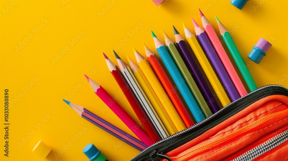 Pencil case with colorful school stationery on bright yellow background, flat lay design for back to school concept, overhead view of educational supplies including pencils, rulers, and scissors for s Pencil case with colorful school stationery on bright yellow background, flat lay design for back to school concept, overhead view of educational supplies including pencils, rulers, and scissors for s