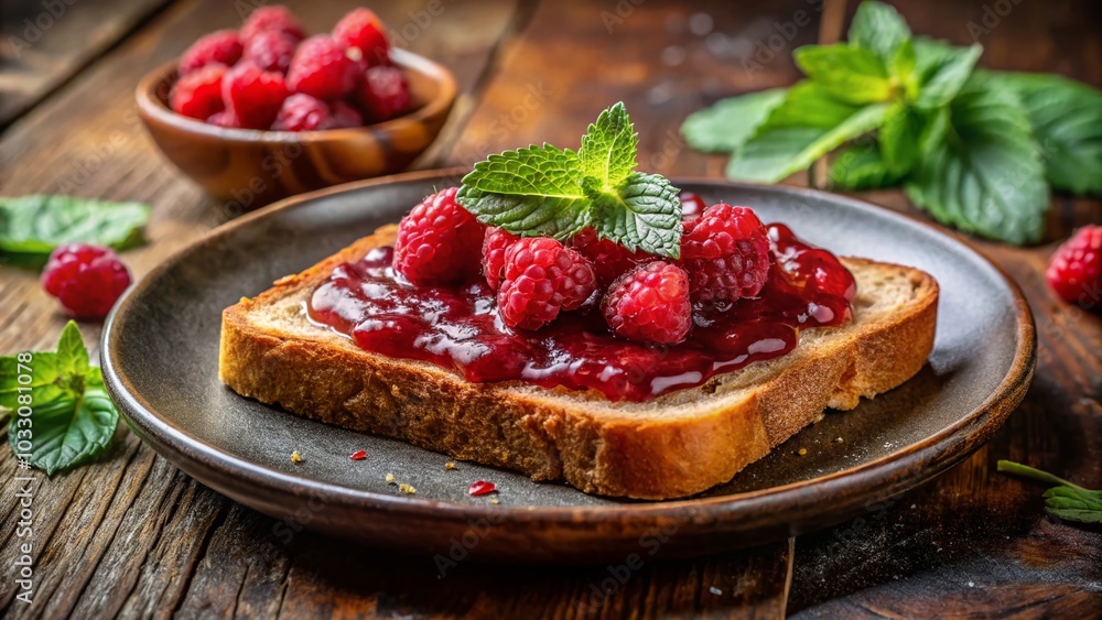 Delicious Toast with Raspberry Jam on Rustic Plate - Perfect for Food Lovers and Breakfast Enthusiasts Delicious Toast with Raspberry Jam on Rustic Plate - Perfect for Food Lovers and Breakfast Enthusiasts