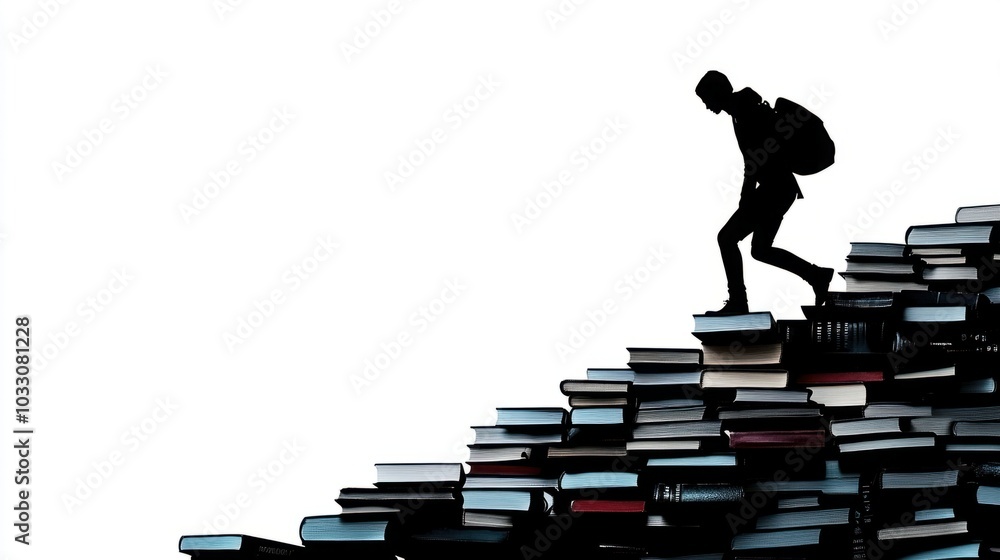 Silhouette of a person climbing a staircase made of books, symbolizing learning and leadership, isolated on white background Silhouette of a person climbing a staircase made of books, symbolizing learning and leadership, isolated on white background