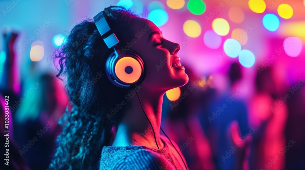 Energetic silent disco party with vibrant lights and happy participants enjoying music at night Energetic silent disco party with vibrant lights and happy participants enjoying music at night