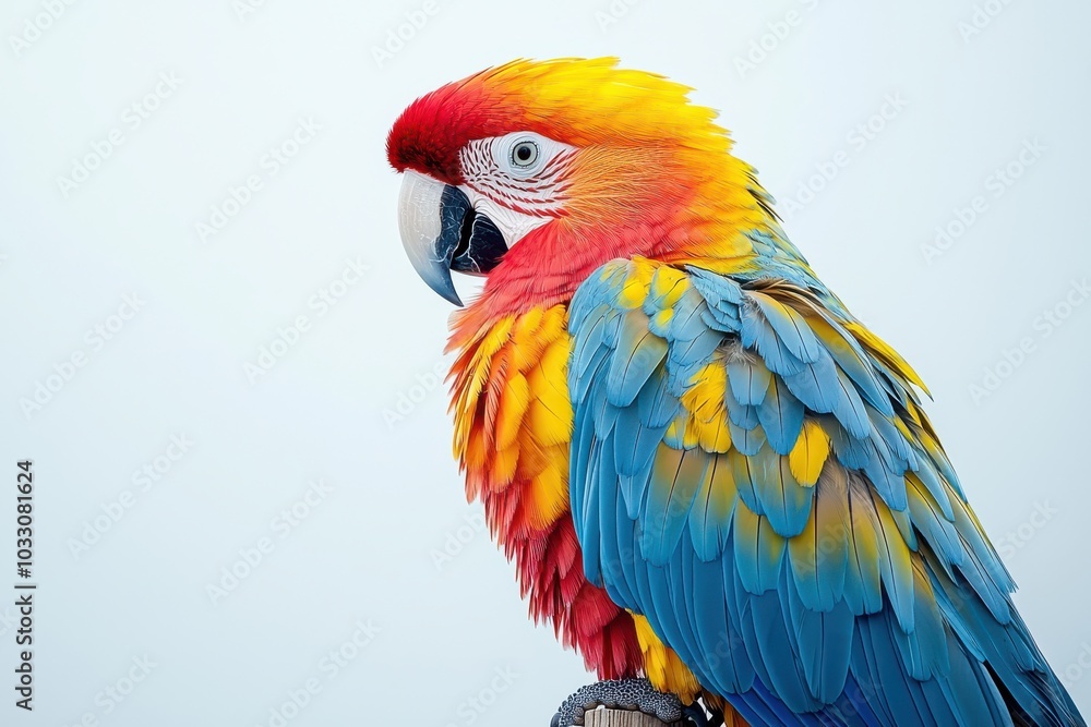 Obraz premium Vibrant macaw with colorful feathers perched against a soft blue background, showcasing its natural beauty and vivid colors.