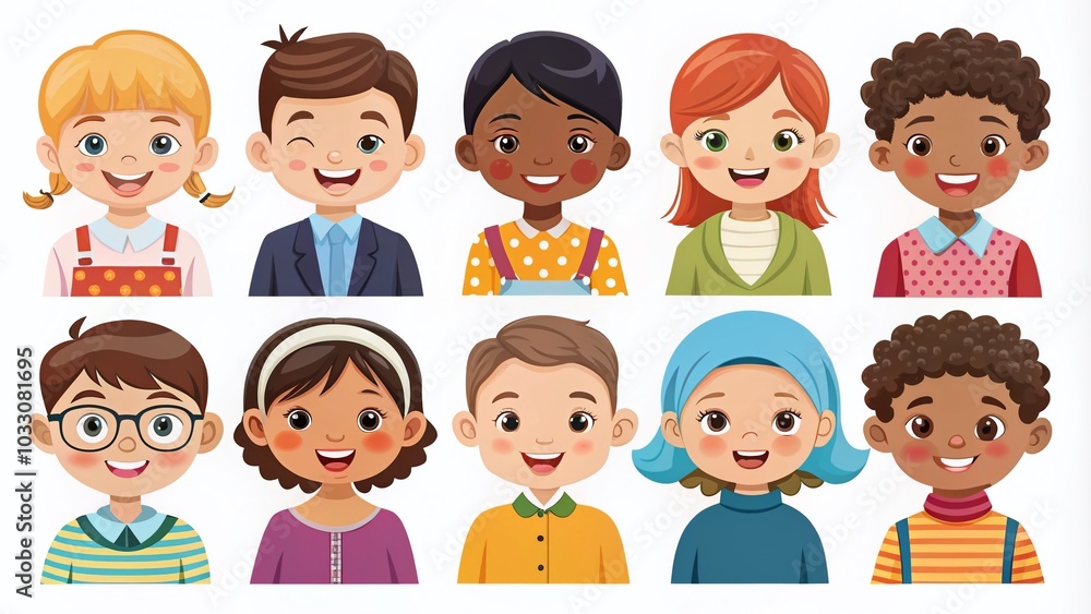 Diverse Children Portraits in Flat Cartoon Style for Avatars and Illustrations Diverse Children Portraits in Flat Cartoon Style for Avatars and Illustrations