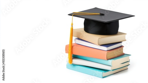 Stack of books with a graduation cap on top, symbolizing learning and leadership, isolated on white background
