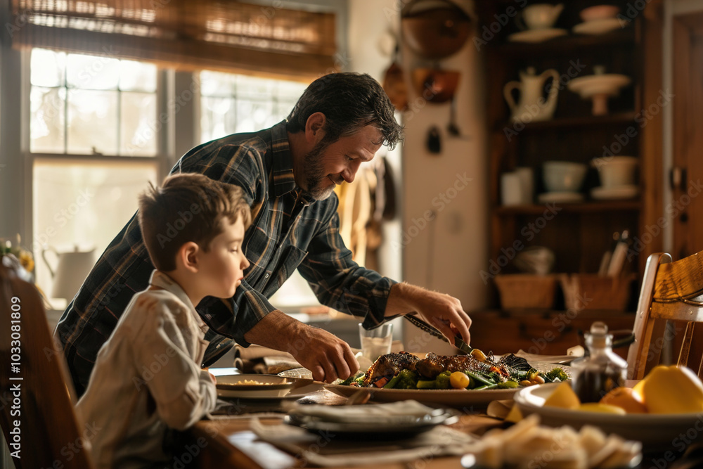 Father and son setting the dinner table together, teaching responsibility, focused expressions Father and son setting the dinner table together, teaching responsibility, focused expressions