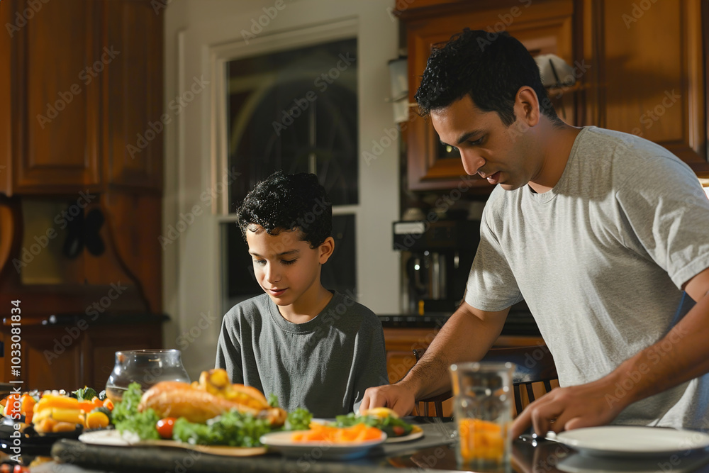 Father and son setting the dinner table together, teaching responsibility, focused expressions