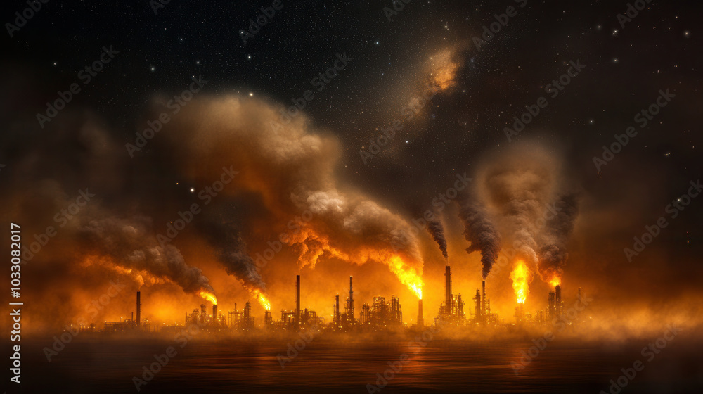 Aerial view of oil refinery at night, illuminated by glowing flames and smoke against starry sky, creating dramatic and industrial atmosphere Aerial view of oil refinery at night, illuminated by glowing flames and smoke against starry sky, creating dramatic and industrial atmosphere