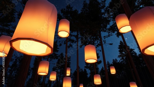 Lantern festival with animalshaped lanterns glowing among the trees, creating a mystical, junglelike ambiance under the stars, 3D illustration photo