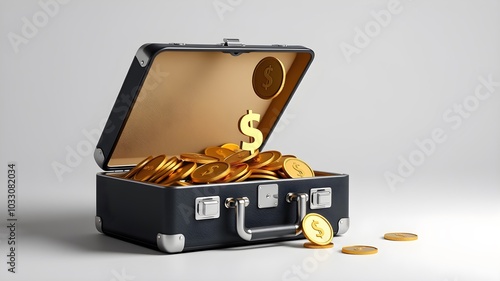 Briefcase filled with gold coins, one falling out, risk symbol photo