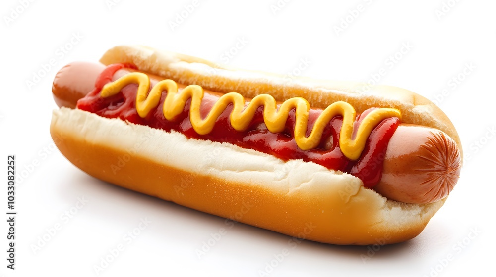 Hot dog with mustard and ketchup, side view isolated on a white background. Hot dog with mustard and ketchup, side view isolated on a white background.