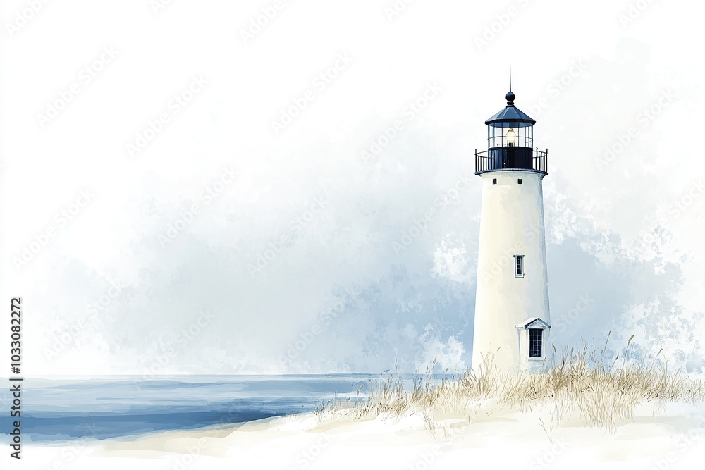 A white lighthouse stands on a snowy ground, against a light blue sky, in a watercolor style A white lighthouse stands on a snowy ground, against a light blue sky, in a watercolor style