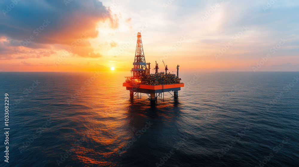 Futuristic oil rig with sleek design floating on ocean at sunset, showcasing advanced technology and innovation in offshore drilling. vibrant colors of sky reflect on water, creating stunning visual Futuristic oil rig with sleek design floating on ocean at sunset, showcasing advanced technology and innovation in offshore drilling. vibrant colors of sky reflect on water, creating stunning visual