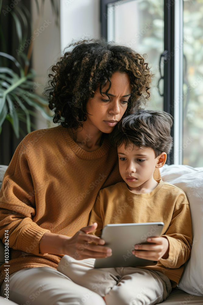 Concerned mother discussing screen time limits with son, holding tablet, setting clear boundaries together Concerned mother discussing screen time limits with son, holding tablet, setting clear boundaries together