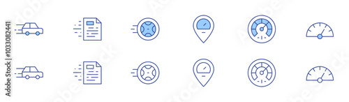Speed icon set in two styles, Duotone and Thin Line style. Editable stroke. car, file, speedometer, tyre