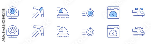 Speed icon set in two styles, Duotone and Thin Line style. Editable stroke. chronometer, speedometer, helicopter, performance, boomerang, sail boat