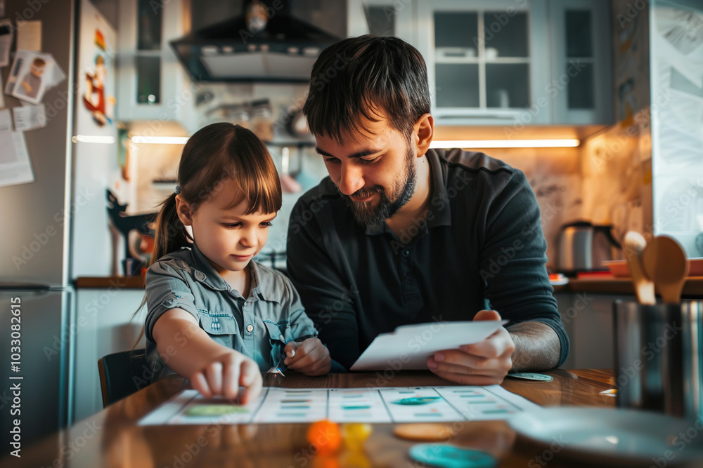 Father explaining a chore chart to child, stickers and rewards, teaching responsibility Father explaining a chore chart to child, stickers and rewards, teaching responsibility
