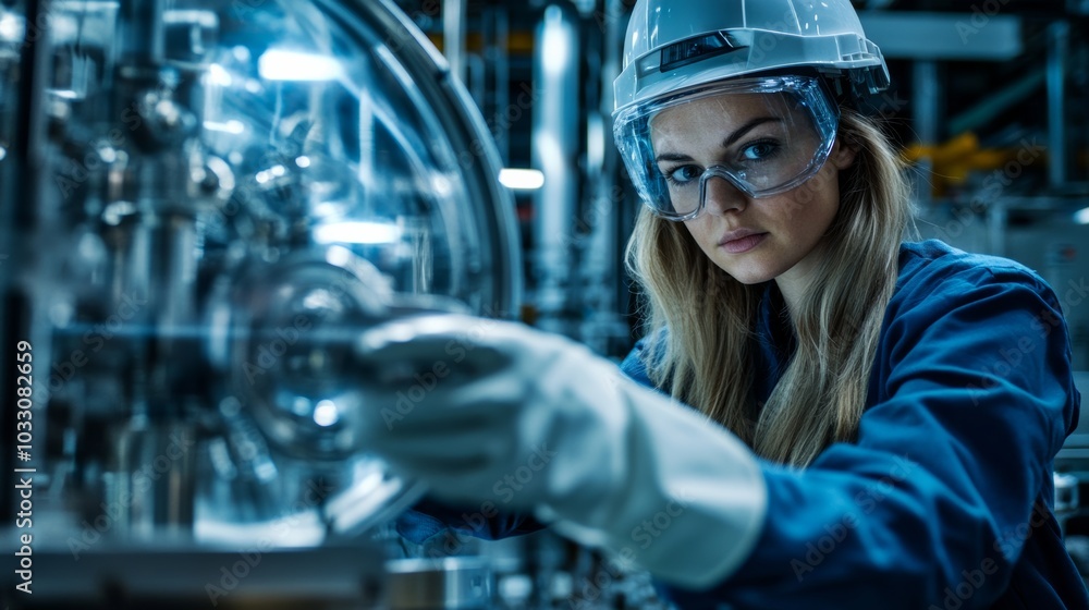 A woman working in a manufacturing plant, managing technical processes and operating machinery, wearing safety gloves and helmet A woman working in a manufacturing plant, managing technical processes and operating machinery, wearing safety gloves and helmet