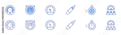 Speed icon set in two styles, Duotone and Thin Line style. Editable stroke. speed, productivity, speedometer, bullet, fast time, meter