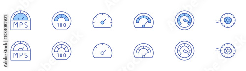 Speed icon set in two styles, Duotone and Thin Line style. Editable stroke. speedometer, wheel, speed, speed limit