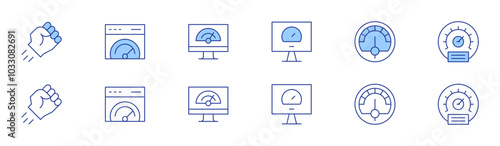 Speed icon set in two styles, Duotone and Thin Line style. Editable stroke. speedometer, fist, high speed, optimization