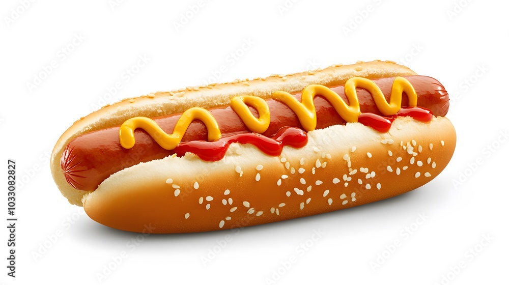 Hot dog with mustard and ketchup, side view isolated on a white background. Hot dog with mustard and ketchup, side view isolated on a white background.