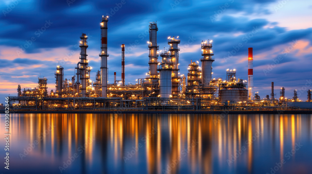 Industrial oil refinery at dusk with illuminated structures reflecting on water, showcasing modern architecture and technology in serene environment