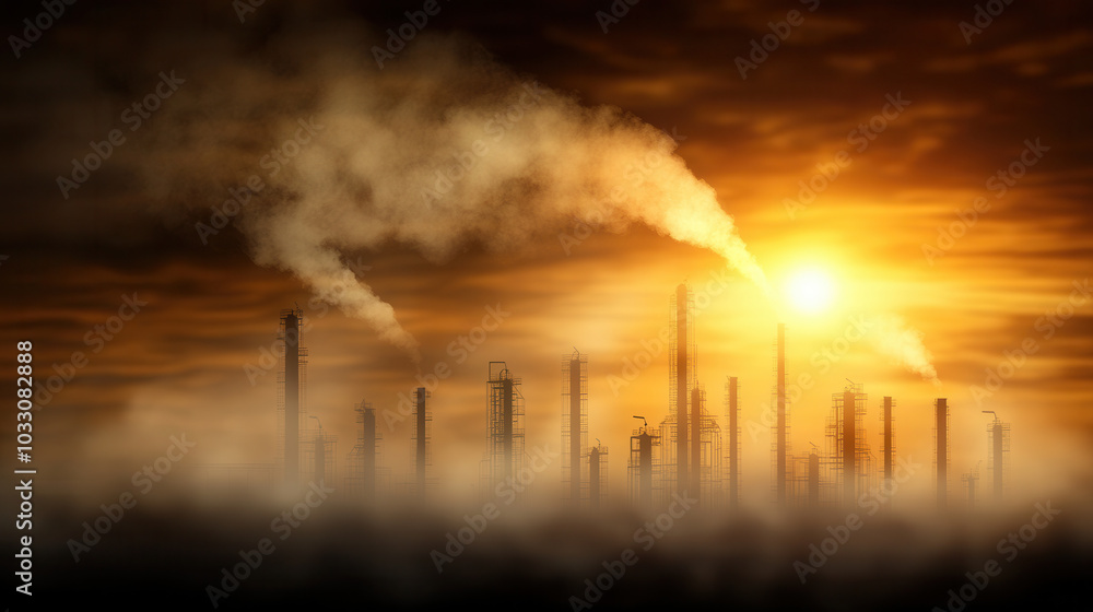 oil refinery is engulfed in fog, with faint silhouettes visible against dramatic sunset. scene evokes sense of industrial power and environmental impact oil refinery is engulfed in fog, with faint silhouettes visible against dramatic sunset. scene evokes sense of industrial power and environmental impact