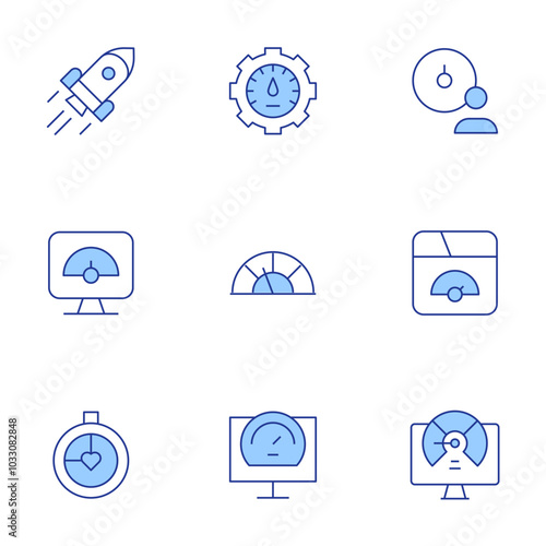 Speed icons set. Line Duotone style, editable stroke. efficiency, optimization, rocket, speed dating, slow speed, speed, speedometer