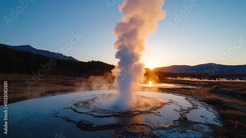 Geothermal geyser eruption during sunset photo