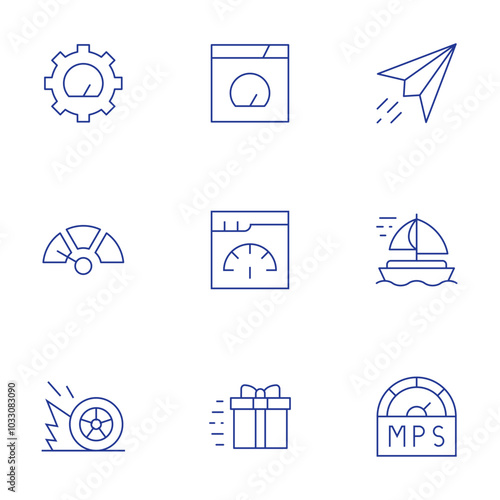 Speed icons set. Thin Line style, editable stroke. paper plane, sail boat, speed, process, slow, browser, fast, gift box