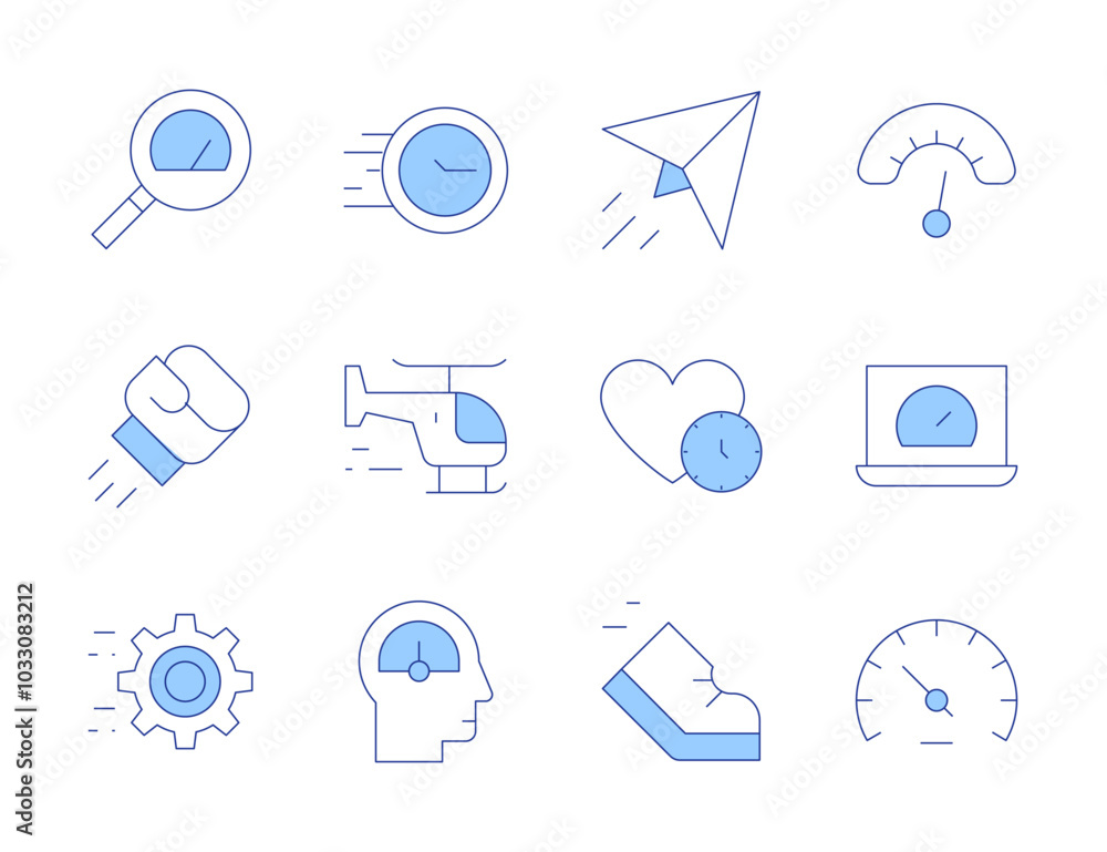 Speed icons. Line Duotone style, editable stroke. fast, helicopter, speed, paper plane, running, speed dating, boxing, gear, magnifying glass, speedometer Speed icons. Line Duotone style, editable stroke. fast, helicopter, speed, paper plane, running, speed dating, boxing, gear, magnifying glass, speedometer