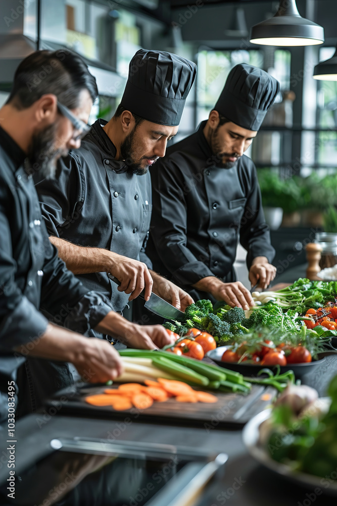 Team of chefs chopping fresh vegetables, focused expressions, modern kitchen filled with natural light Team of chefs chopping fresh vegetables, focused expressions, modern kitchen filled with natural light