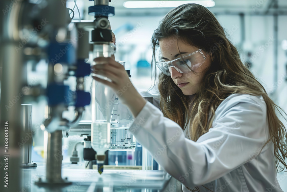 Scientist pouring water through filtration device, monitoring purification process, advanced lab setting visible Scientist pouring water through filtration device, monitoring purification process, advanced lab setting visible