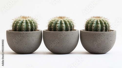 Three small, green cacti in gray, round, concrete pots. The pots are arranged in a row from left to right on a white background.