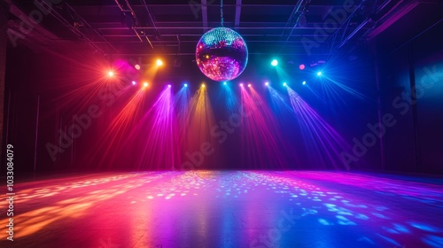 An empty dance floor illuminated by colorful lights from a disco ball creates a vibrant atmosphere for an evening celebration photo