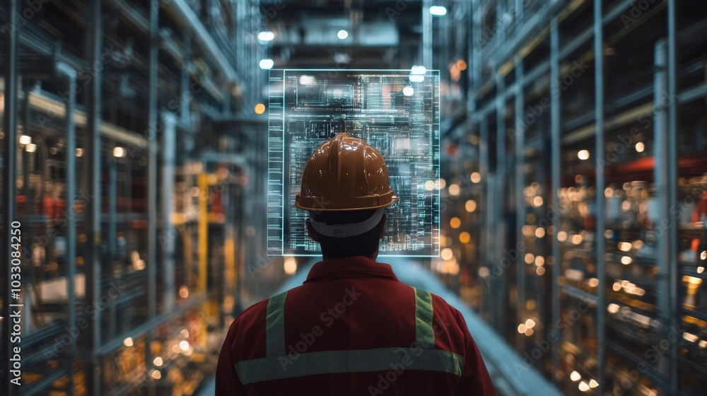 An engineer using AI-driven fire safety technology to monitor fire prevention systems in a large factory, with real-time data displayed on a virtual interface An engineer using AI-driven fire safety technology to monitor fire prevention systems in a large factory, with real-time data displayed on a virtual interface