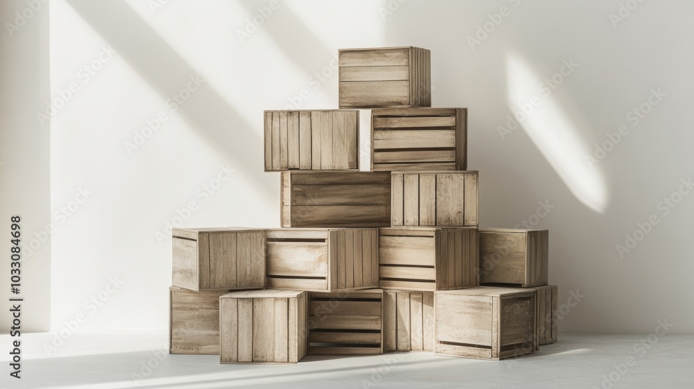 Stacked wooden crates in a minimalist setting highlighting clean lines and natural materials in soft light Stacked wooden crates in a minimalist setting highlighting clean lines and natural materials in soft light