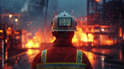 An industrial engineer working with intelligent fire protection systems, using real-time data from a digital interface to prevent fire outbreaks