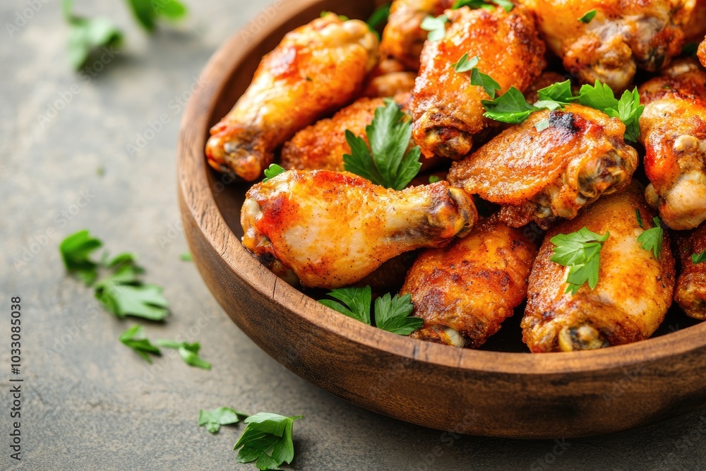 Close-up of Crispy, Golden-Brown Chicken Wings in a Wooden Bowl with Parsley Garnish Close-up of Crispy, Golden-Brown Chicken Wings in a Wooden Bowl with Parsley Garnish