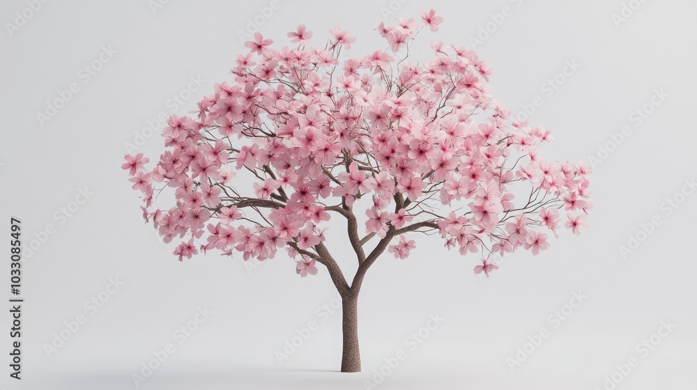 Fototapeta premium A pink cherry blossom tree stands alone against a white background.