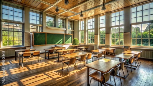 Empty Classroom with Mathematical Equations on Chalkboard - High Dynamic Range Image