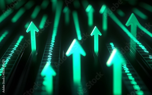 Wallpaper Mural 3D render of glowing green arrows pointing upwards on a black background, representing growth and success in business or athletics.  Torontodigital.ca