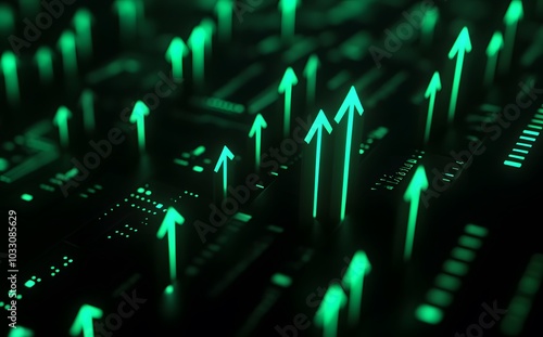 Wallpaper Mural 3D render of glowing green arrows pointing upwards on a black background, representing growth and success in business or athletics.  Torontodigital.ca