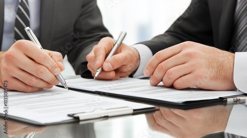 Two business executives reviewing and signing a corporate agreement, with legal documents and pens in focus as they complete the deal