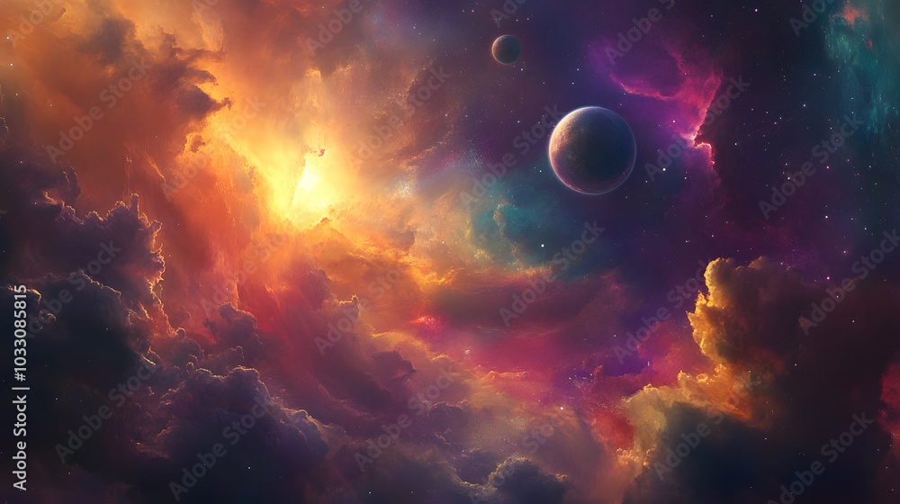 Cosmic Cloudscape with Two Planets and Stars Cosmic Cloudscape with Two Planets and Stars