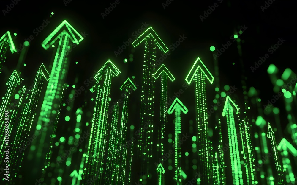 3D render of glowing green arrows pointing upwards on a black background, representing growth and success in business or athletics. 3D render of glowing green arrows pointing upwards on a black background, representing growth and success in business or athletics.